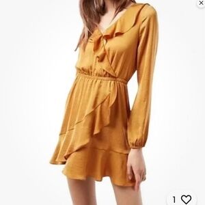 $78 Express Ruffle  Faux Wrap Mini Dress, M 6 8 Size Yellow / Mustard Color